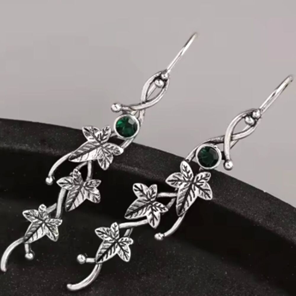 Green Round Stone & Silver Ivy Dangling Earrings St. Patrick's Day